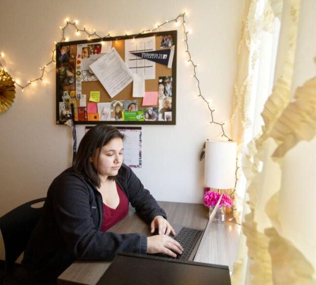 The image shows a young woman sitting at a desk in a well-decorated room. She is focused on working at her laptop. The desk is positioned next to a window with ruffled curtains, allowing natural light to brighten the space. Above the desk is a bulletin board covered with various photos, 笔记, 和纪念品, 周围都是串灯. The room has a cozy and personalized feel. 桌上放着一盏小灯和一个插着花的花瓶，增添了温馨的气氛.